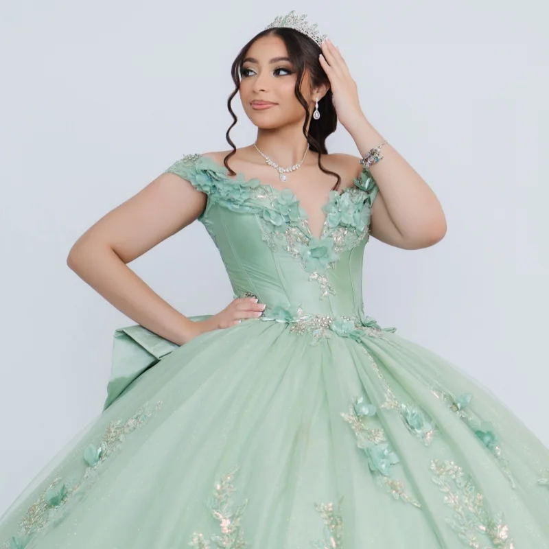 Light Green Quinceanera Dress Glitter Crystal 3D Flower Decal Long tail off-shoulder Bow Vestidos De 15 Quinceanera ﻿Customize