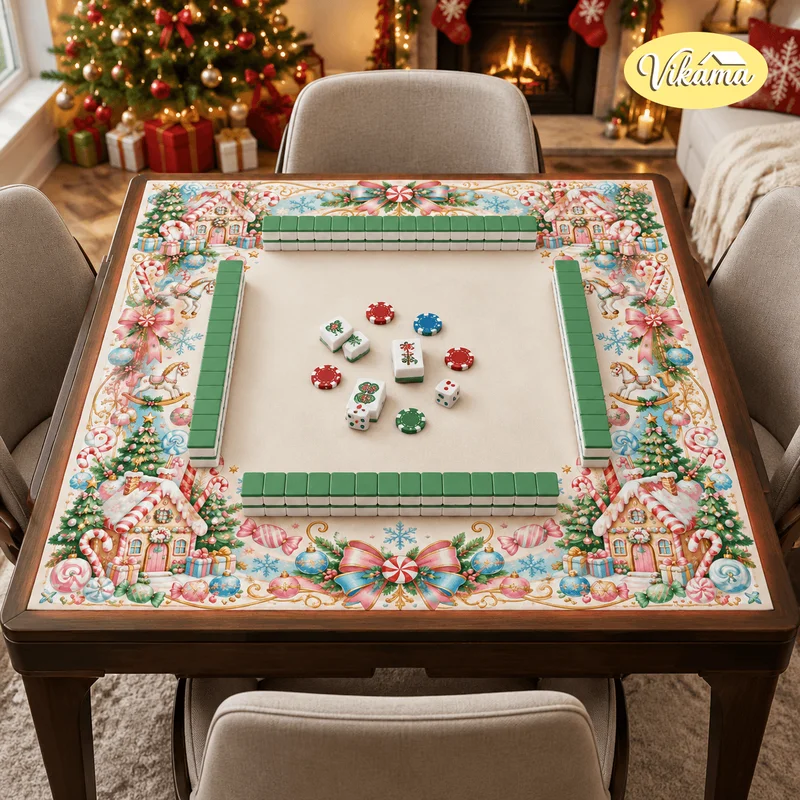 VIKAMA Christmas Gingerbread House Mahjong Mat Non Slip Foldable Table Cover Game Mat for Family Game Night Holiday Home Decor