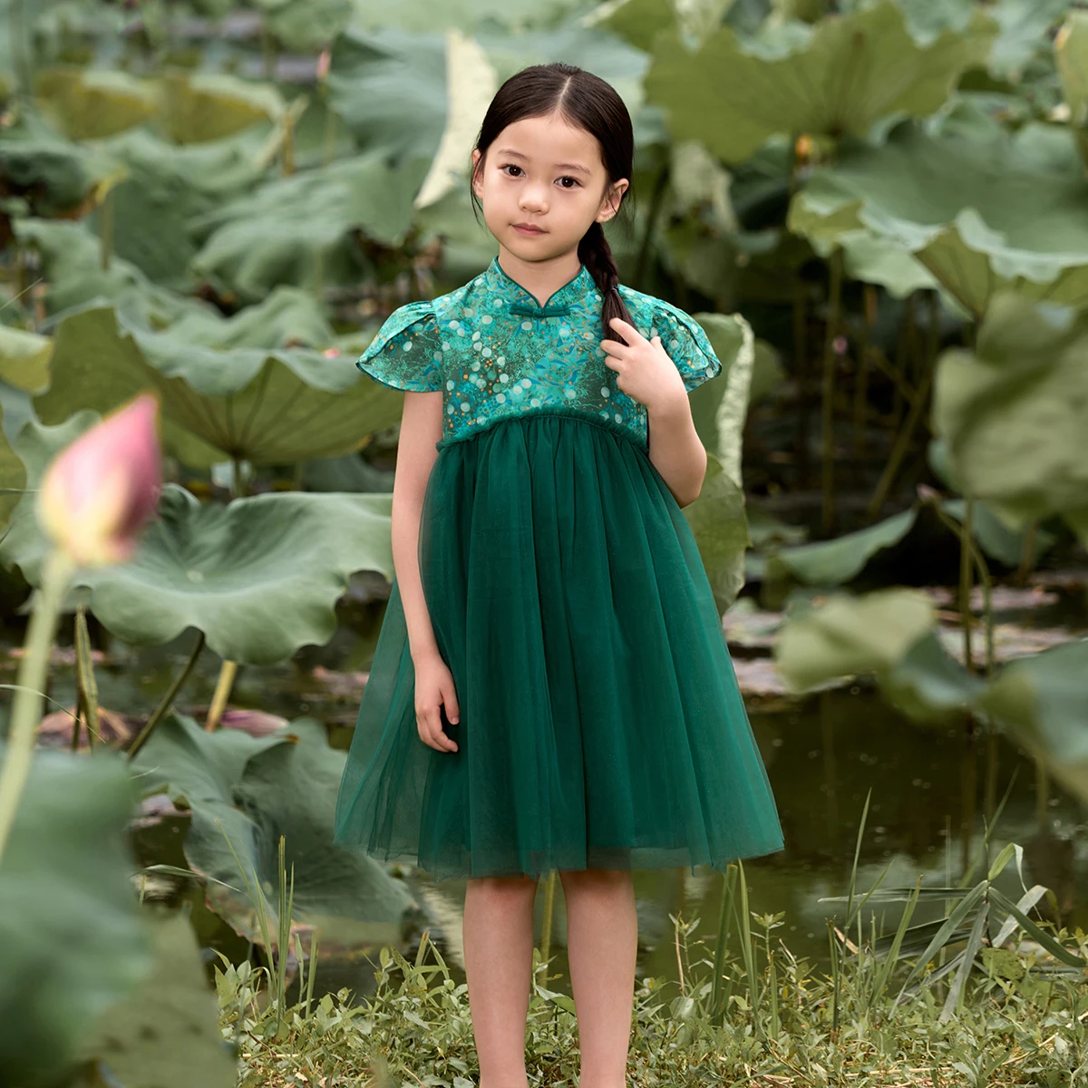 MARC&JANIE Girls New Chinese-style Green Shade Summer Qipao Dress for Summer French Series 240750