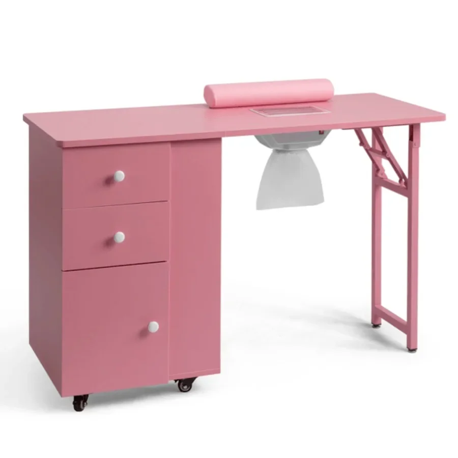 

Nail Desk Folding Table Pink MDF Manicure Station w/ 2 Drawers and 1 Door Cabinet for Nail Art Salon Home Beauty