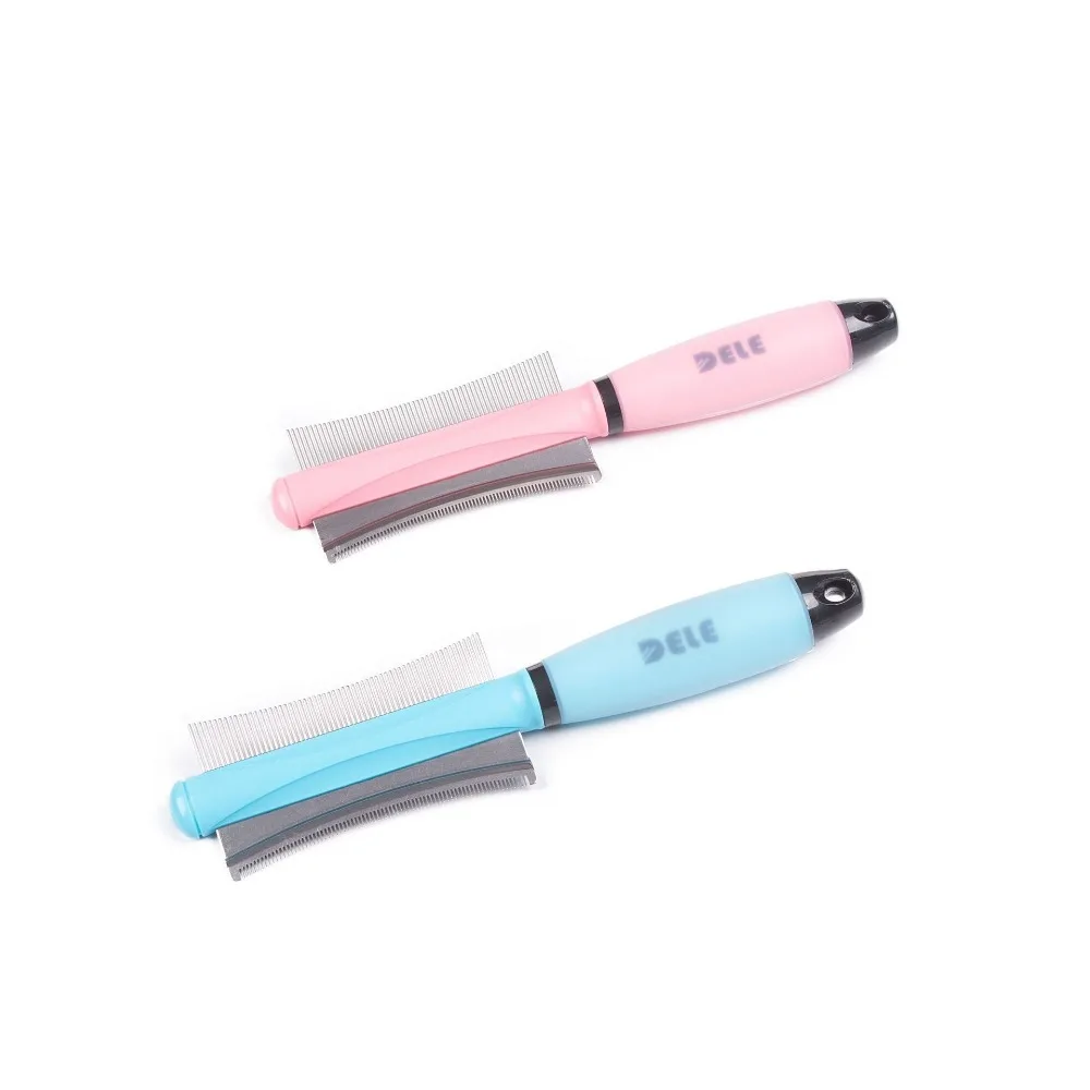 Double-Sided Dog Cat Removal Hairs Comb Comfortable Grip Silicone Double-Sided Cat Grooming Tool Blue/Pink Stainless Steel