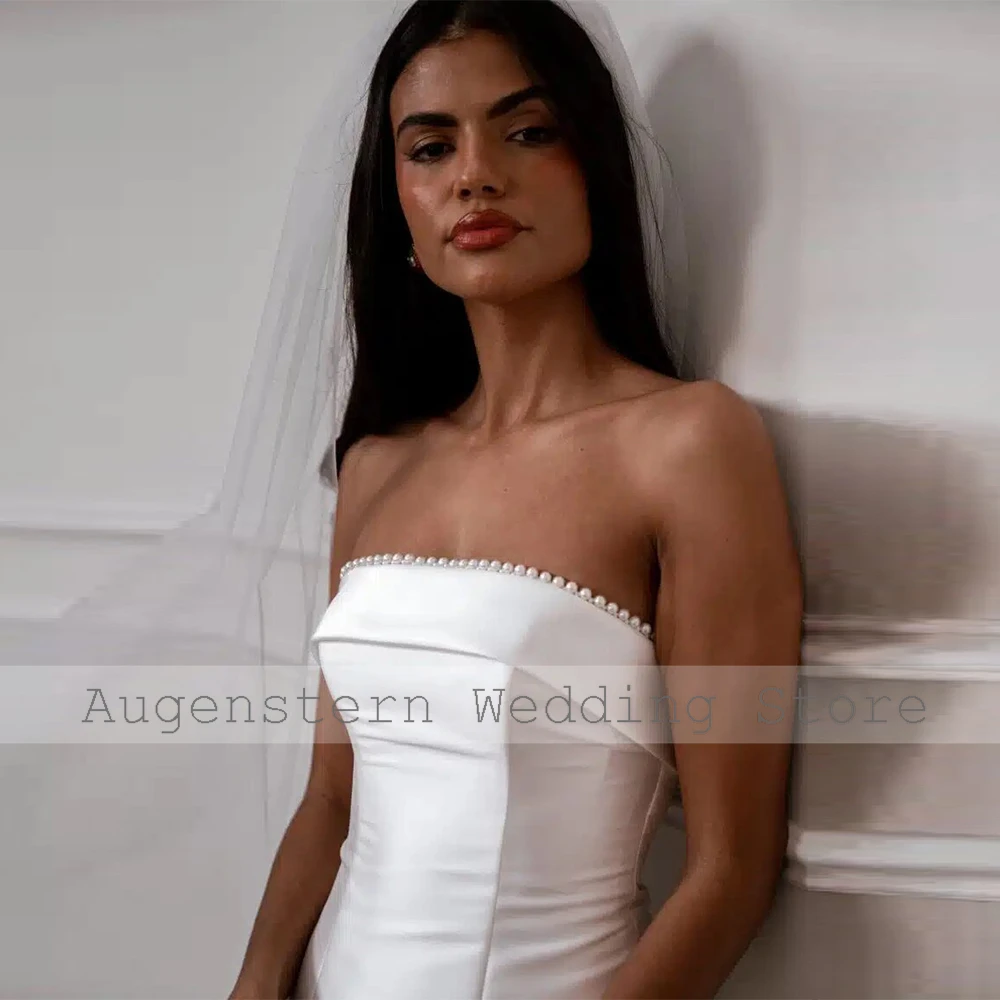 Temperament Women's Wedding Dresses Mini Satin A-line Wedding Party Dress White Strapless Pearl 2024 Elegant Civil Wedding Gown