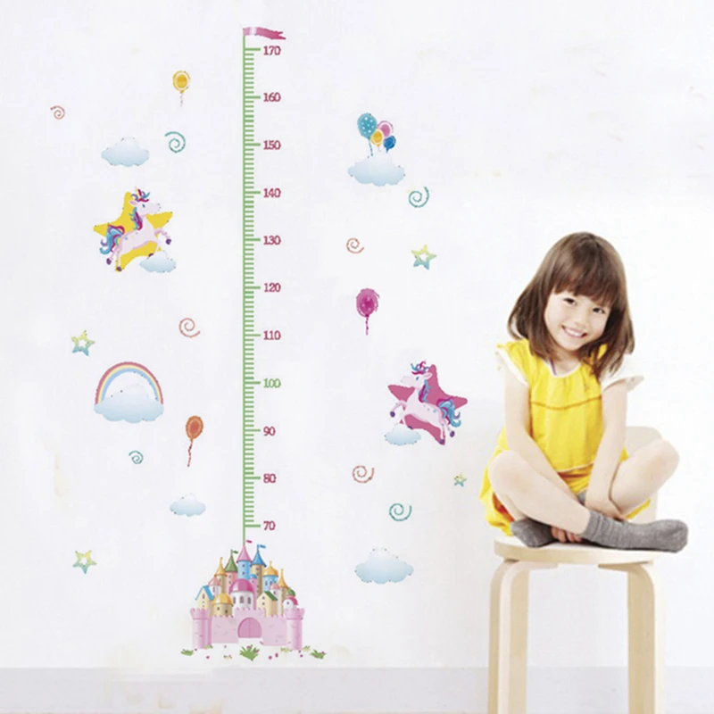 Princess Height Stickers Cartoon Castle Balloon Cloud Unicorn Wall Decals Home Decoration for Kids Room Girl Growth Chart Poster