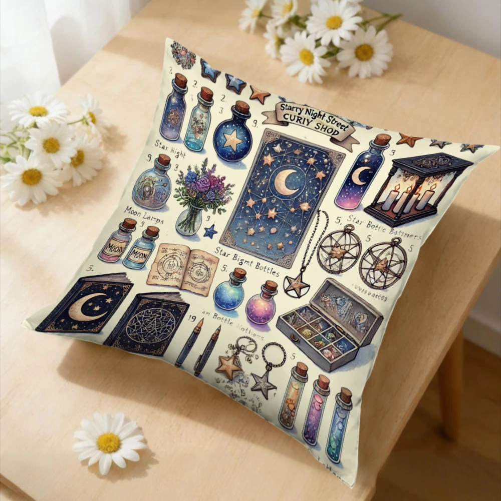 1pc Vintage Magic Shop Cushion Cover Blue Starry Night Moon Bottle Pillowcase For Sofa Bedroom Decorative Throw Case Home Gift x