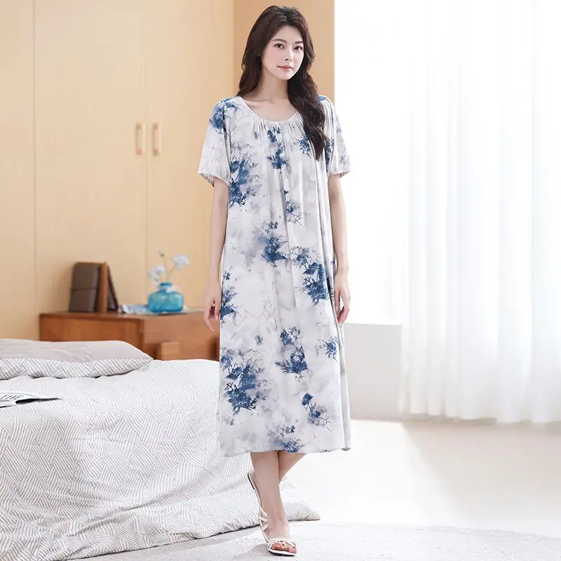

Printed Mother Dress, Short-sleeved Long Dress, Cotton and Silk Belly-covering Crew Neck Top New Summer Thin Large-size Dress
