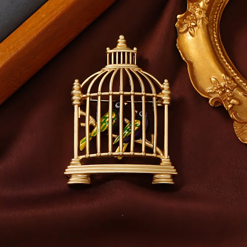 New Style Vintage Minimalist Grand Retro Handmade Enamel Electroplated Birdcage Brooch Bird Corsage Oil Drip Animal Pin Badge