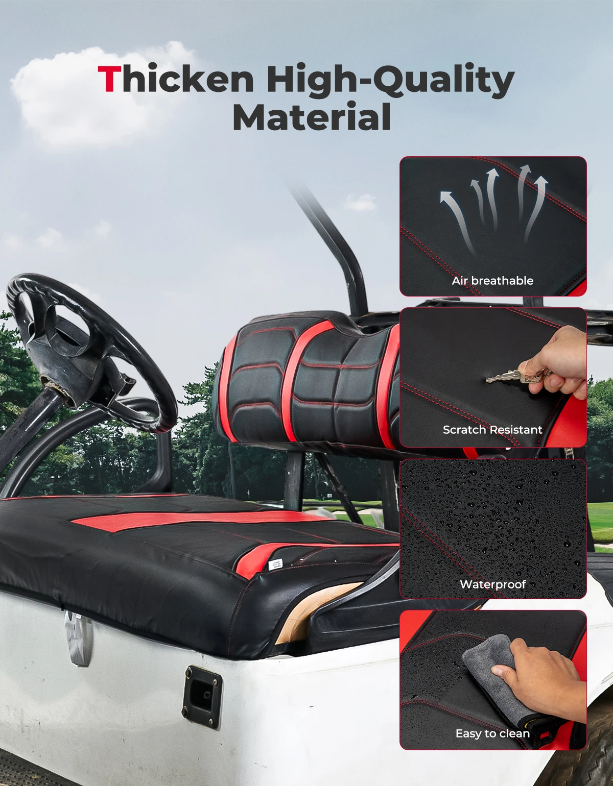 KEMIMOTO Golf Cart Seat Covers Compatible with EZGO TXT Front Seats, Marine-Grade Vinyl, Leather, Black+Gray/Black+Red