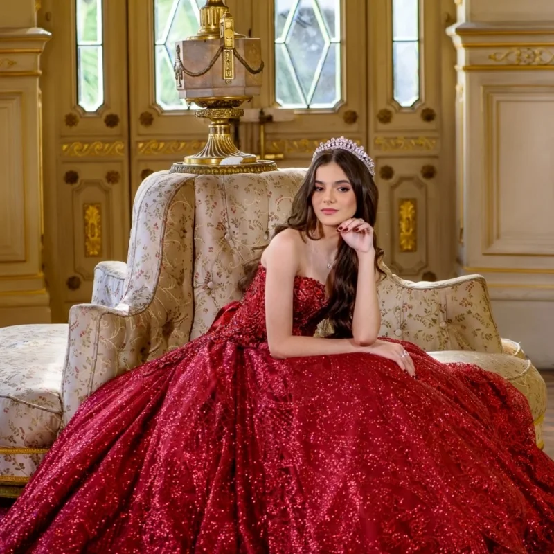 Shiny Red Quinceanera Dress Lace layering off-shoulder glitter decal vestidos de 15 Quinceanera ﻿Customized