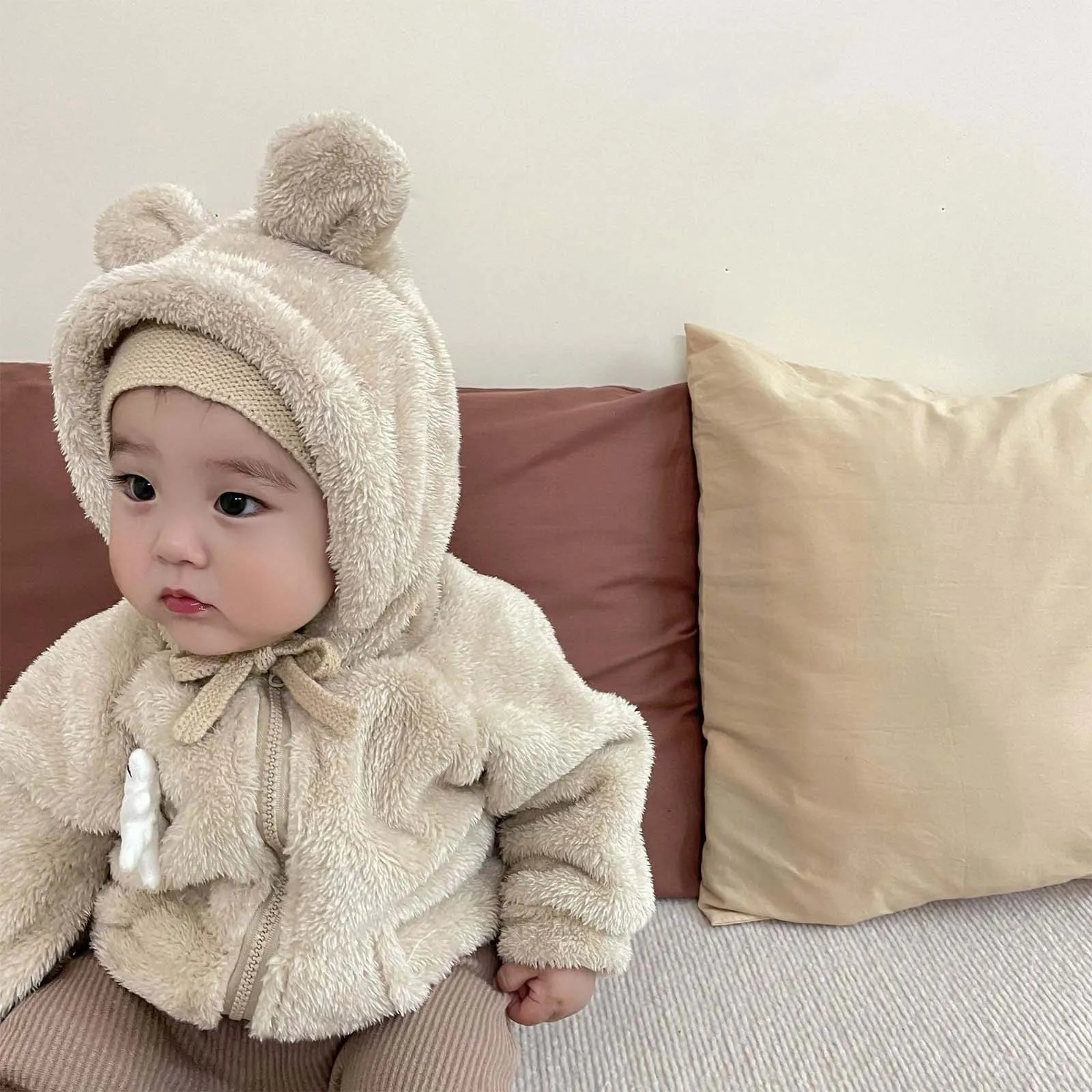 Autumn Winter Korean Fashion Infant Boys Jacket Plush Thickened Newborn Parkas Bear Ear Hooded Zipper Baby Girls Outerwear Coat