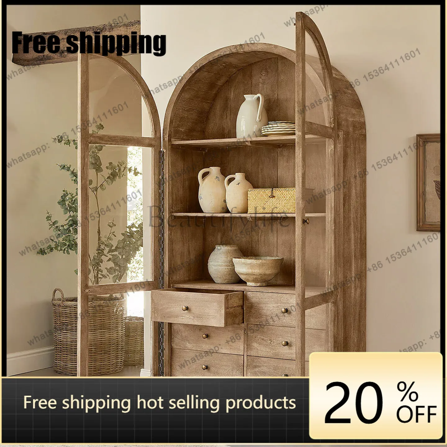 LD American Country Solid Wood Double Door Wine Cabinet Living Room Storage Display Storage Cabinet