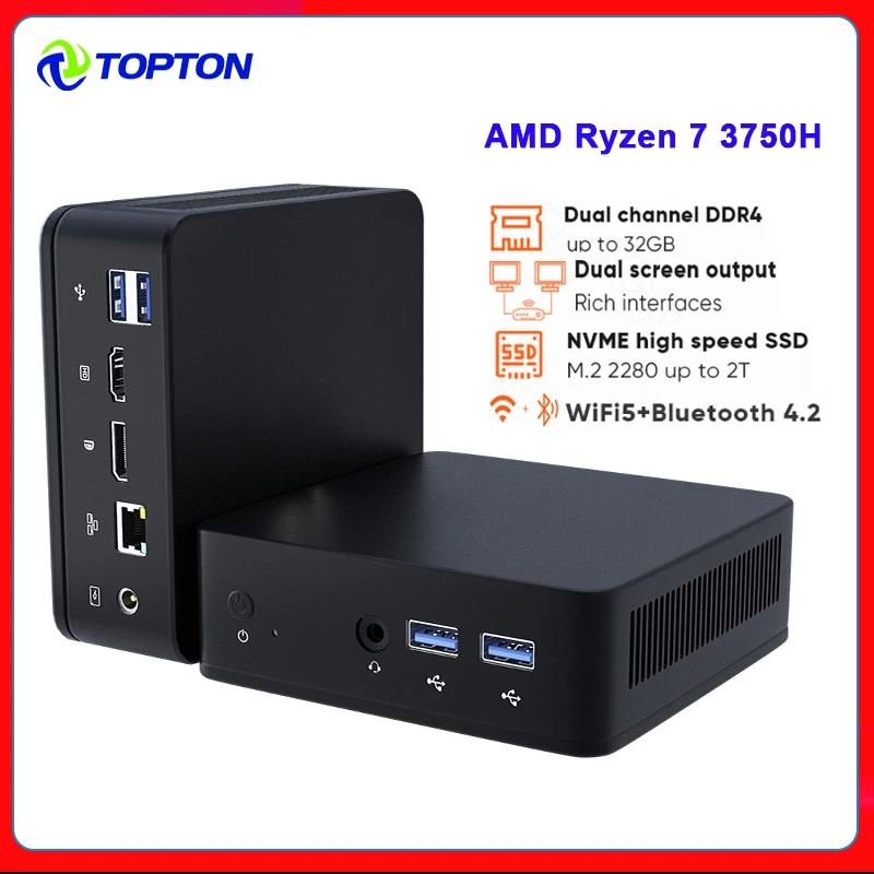 Topton 2023 New Mini PC AMD Ryzen 7 3750H 5 3550H Barebone Computer Windows 11 2xDDR4 NVMe Gaming PC Dual 4K UHD HTPC WiFi