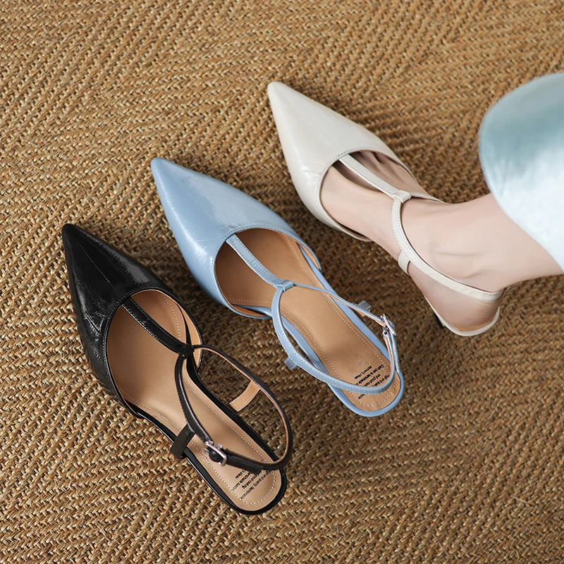 2026Spring summer women sandals natural leather plus size 22-25cm cowhide+pigskin+sheepskin pointed toe ankle buckle women shoes