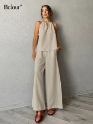 Bclout Summer Khaki Linen Long Pants Sets 2 Pieces Women 2024 Fashion Cotton Hlater Sexy Tops Casual Wide Leg Pants Suits Female