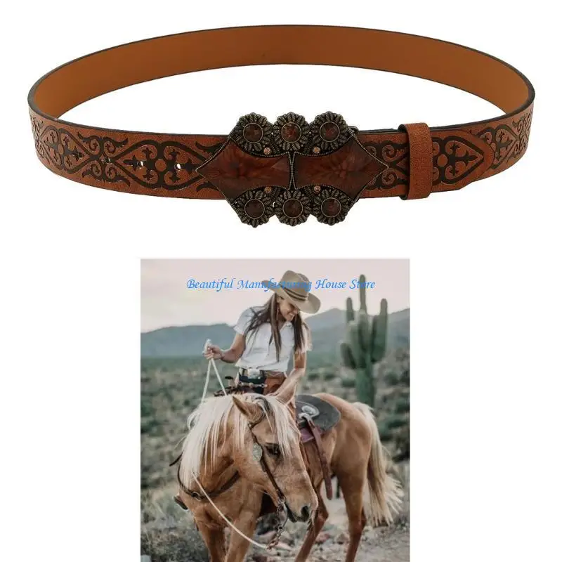 E56A Vintage Cowboy Belt for Women Embossed Buckle Pants Belt Cowgirl Belt for Teens Female Engraved Pattern Belt Jeans Belt