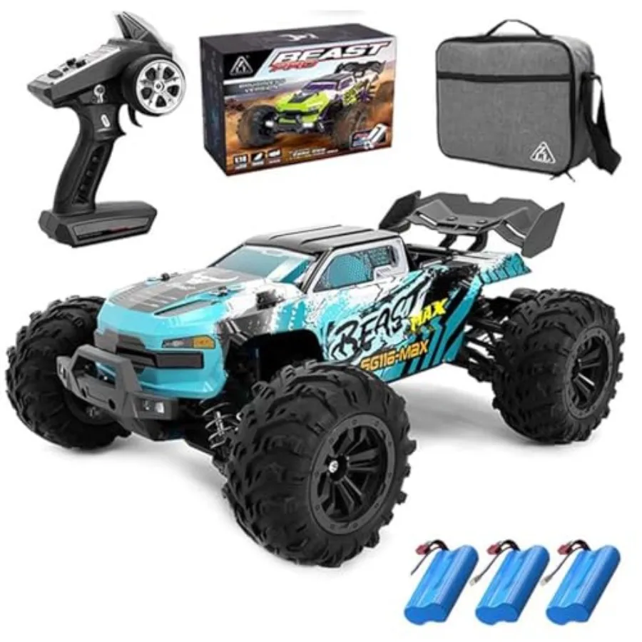 

RC car for adults, brushless motor, blue, 80KPH speed, 1:16 scale, 2.4GHz 4WD all-terrain offroad monster truck with 3 batterie