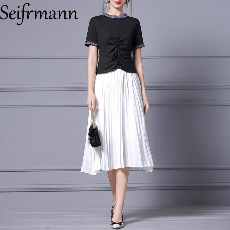 

Seifrmann Romantic Daily Basic Simple Style set Women's Solid Short-Sleeved T-shirt Top+Pleated Skirt Fashion 2-piece set