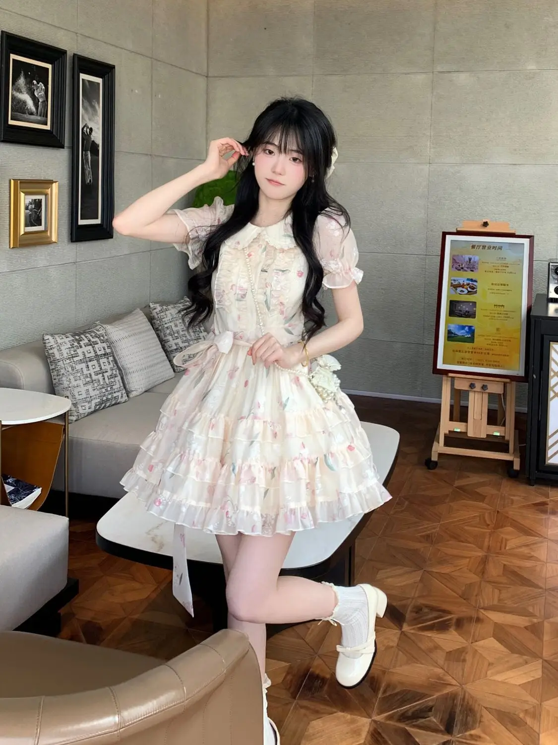 Japanse Kawaii Retro Mini Dress Vrouwen Casual 2000S Vintage Y 2K Lolita Zelfs Feest Bloemenjurk Dames Chique Zomer Korte Mouw