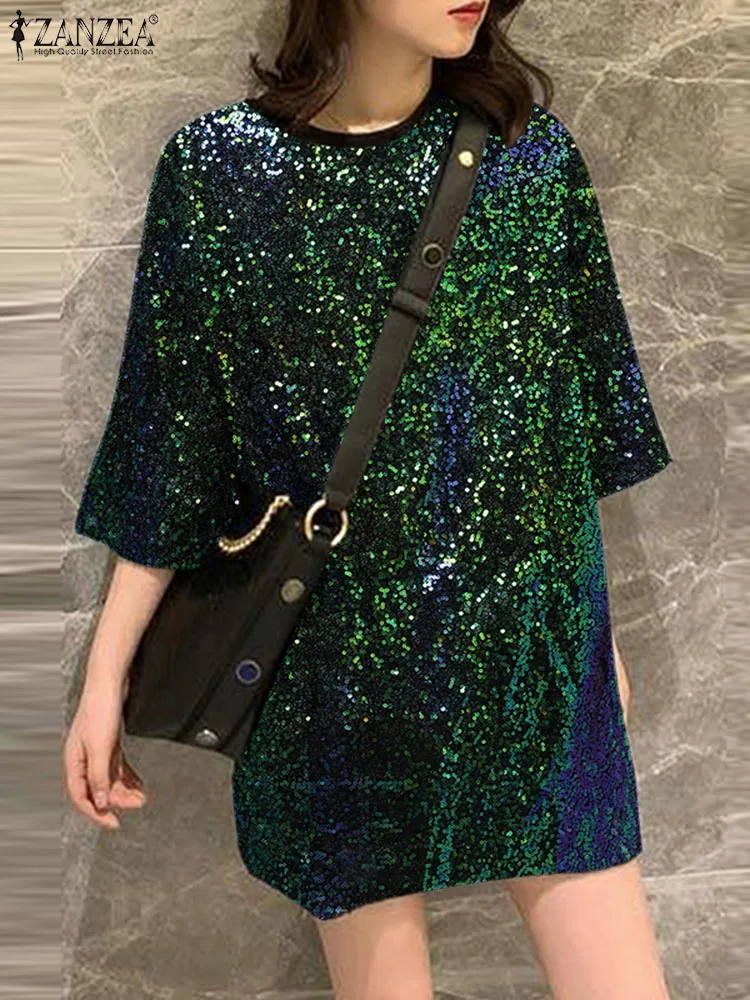 ZANZEA Fashion Sequin Shirt Dress Korean Women Cocktail Shoirt Robe Bodycon Party Evening Dresses Baggy Casual  Female Vestidos