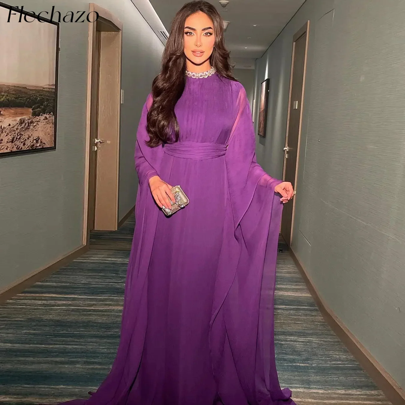 

Flechazo Purple Evening Dresses O Neck Flare Sleeves Beading A Line Formal Party Dress For Women 2024 vestidos de fiesta