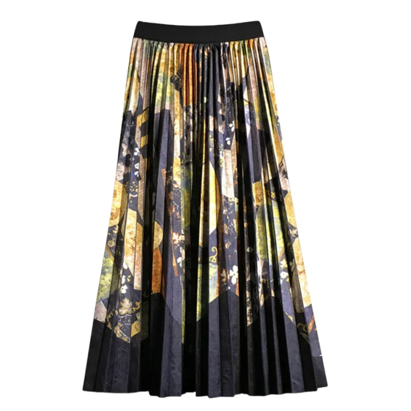 

Fashion Ink Printed Pleated Long Skirt Spring Summer Abstract Printing A-line Calf Long Drape Skirts