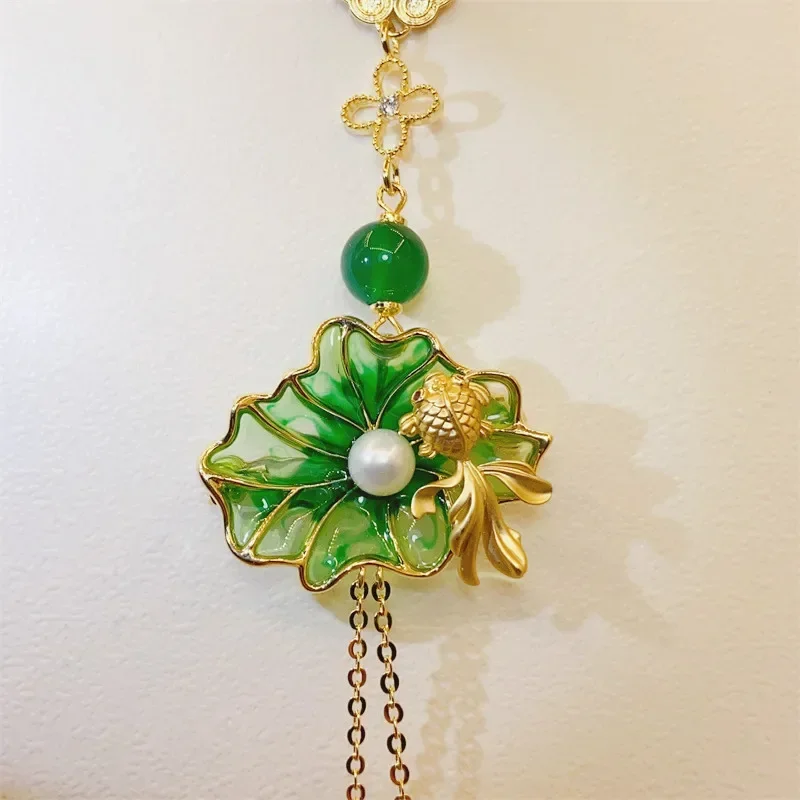 Exquisite Lotus Leaf Pearl Exquisite Goldfish Tassel Fresh Green Long Pendant Natural Hotan Jade Brooches Women Hanfu Jewelry