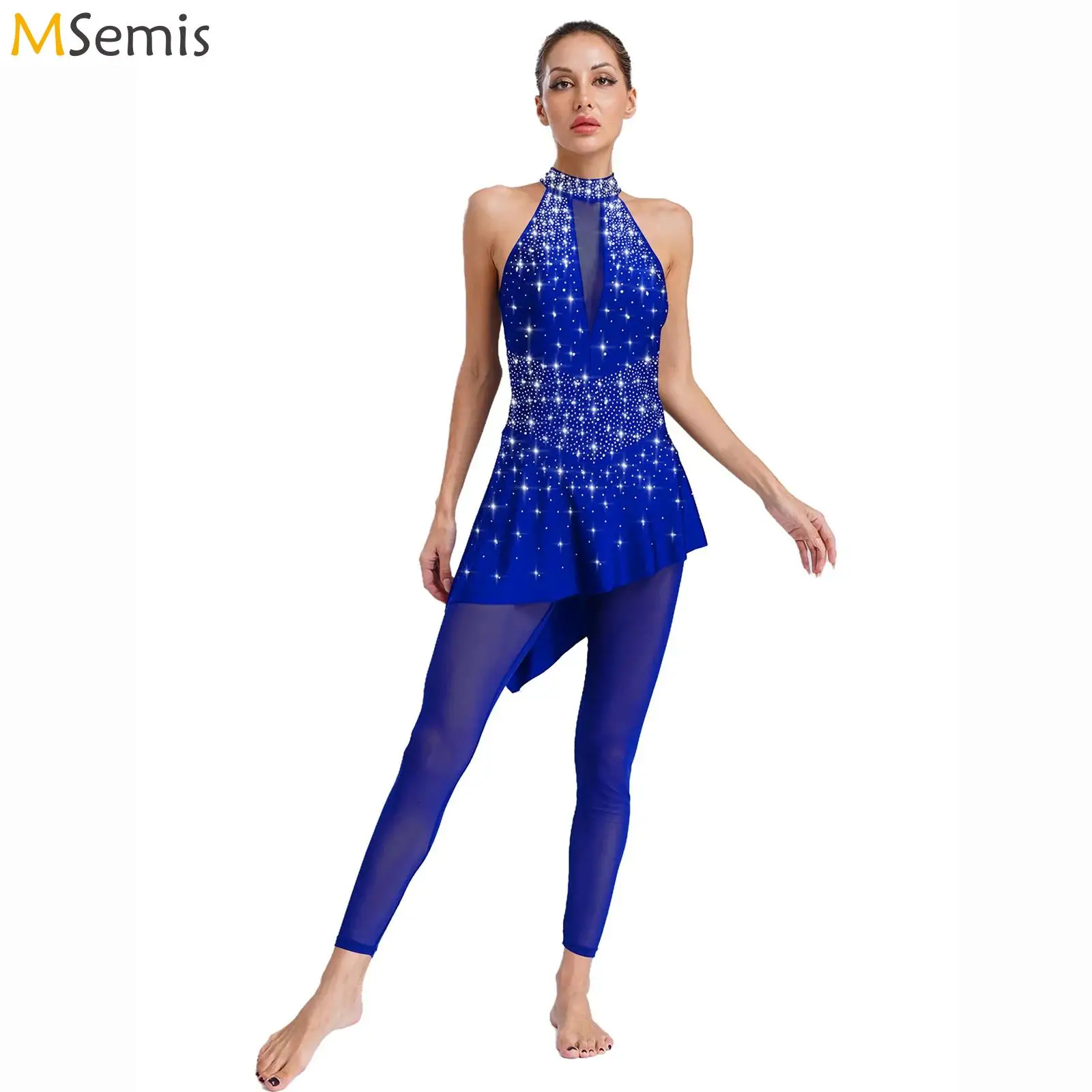 Womens Figure Skating Dance Costume Shiny Rhinestones Gymnastics Skirted Leotard Jumpsuit Sleeveless Sheer Mesh Ballet Dancewear