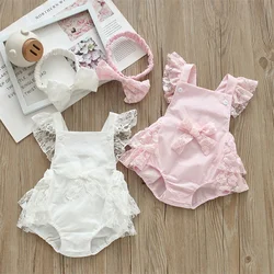 Fly Sleeve Backless Baby Girl Bodysuits Lace Bow Summer Jumpsuits Toddler Infant Clothes