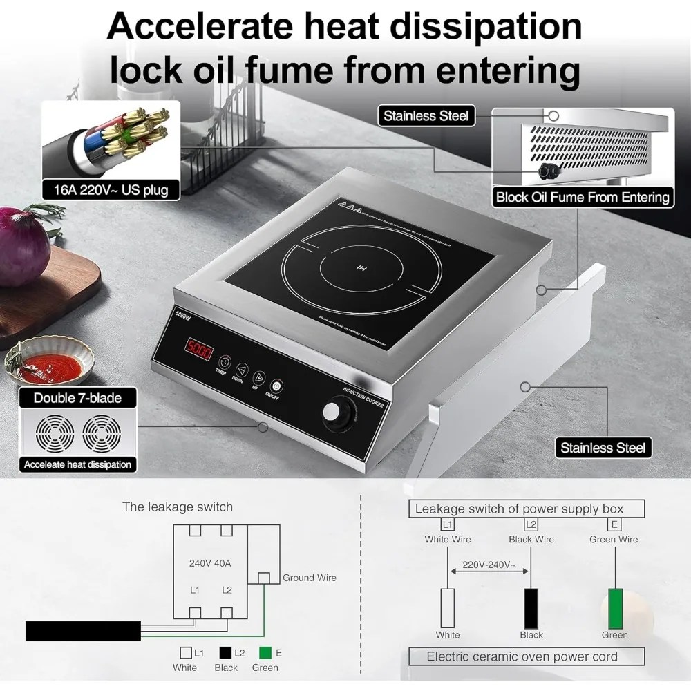 Estufa de inducción comercial, placa de inducción profesional, placa caliente de 5000W con control táctil LCD y perilla, temporizador de 4 horas