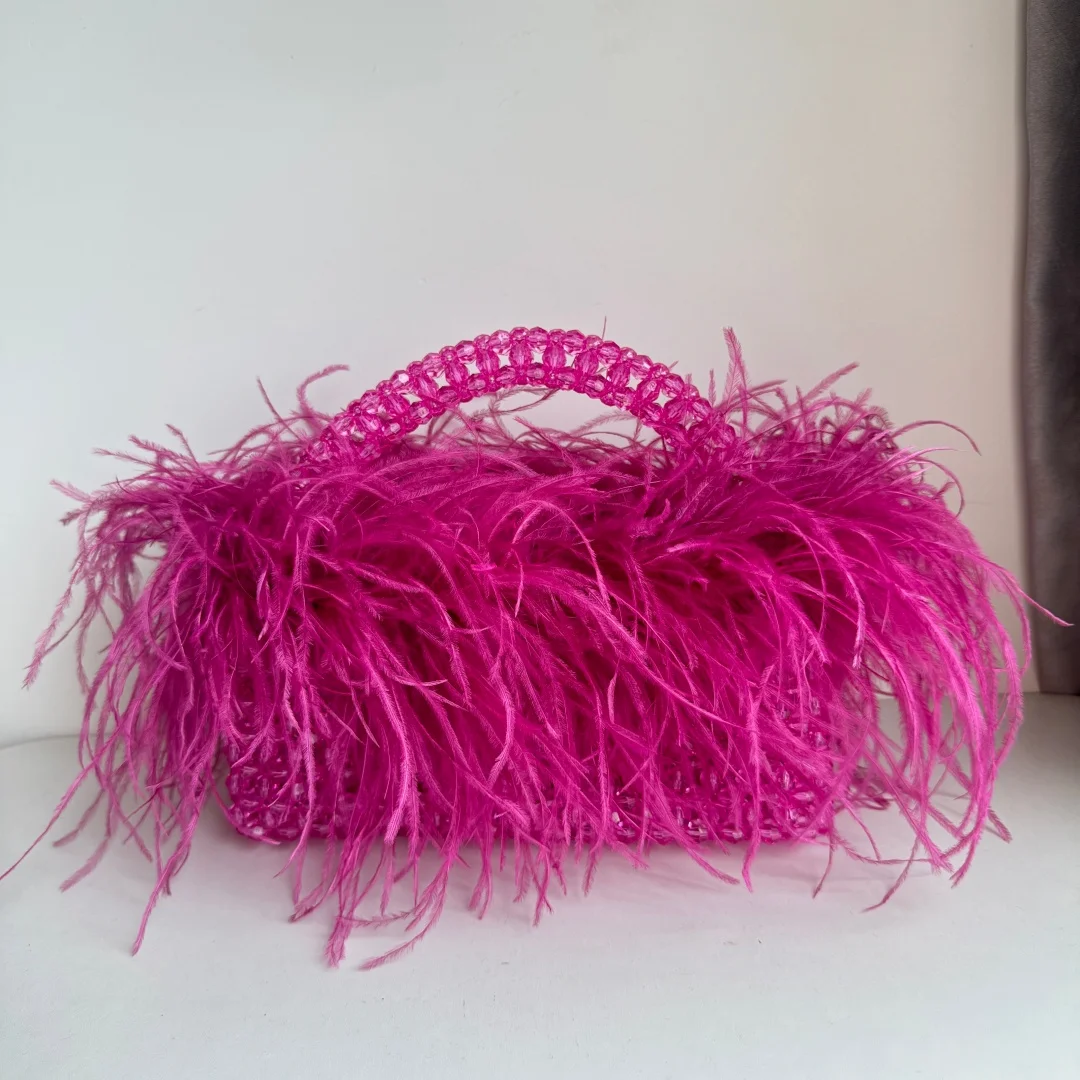 Pearl Bead Bag With Feather Fur Designer Brand Clear Acrylic Crystal Stone Box Tote Handbag Women Handmade Party Purse image 3