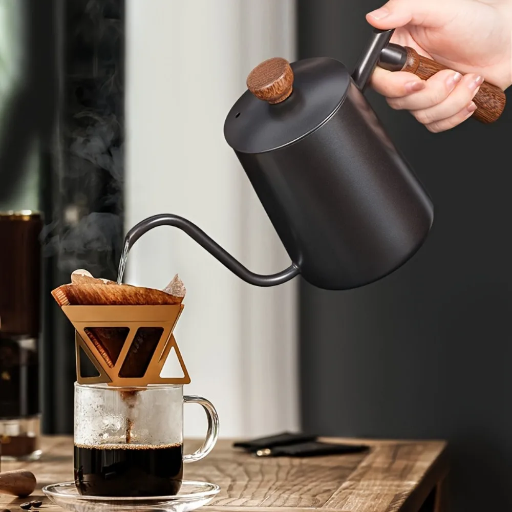 Wooden Handle Goose Neck Coffee Kettle Drip Port 304 Stainless Steel Pour-over Coffee Pot Comfortable Grip Narrow-Mouthed