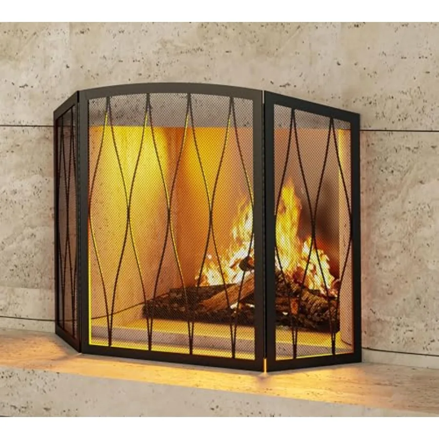 

Childproof Fireplace Screen 3- Panel Modern Handcrafted Wrought Iron Foldable Metal Mesh Heavy Duty Decorative Fireplace Spark