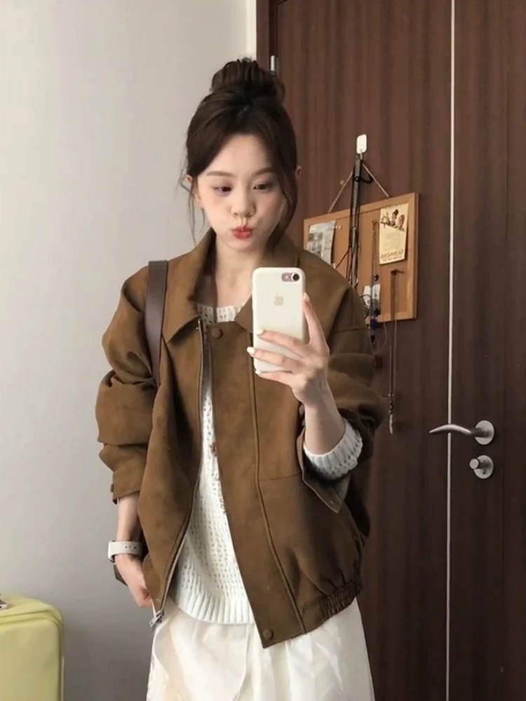 Chaqueta Retro de Gamuza para Mujer, Abrigo Casual Holgado, Estilo Nuevo de Primavera y Otoño, Talla Pequeña, con Bolsillos c...
