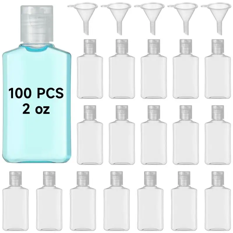 100Pcs 2 Oz Travel Bottles Small Plastic Bottle Empty Squeeze Bottle Refillable Cosmetic Containers With 5 Funnels Clear Bottle