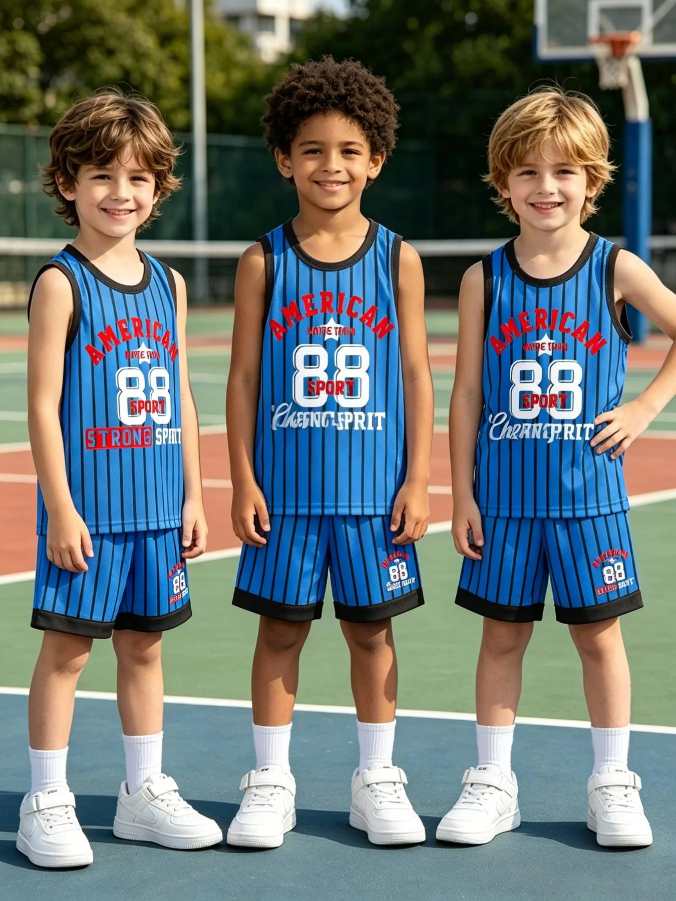 Quick Dry Kids Boys Two Piece Sportswear, Striped Graphic Sleeveless Basketball Jersey Set for PE Class Playground Summer Ball G