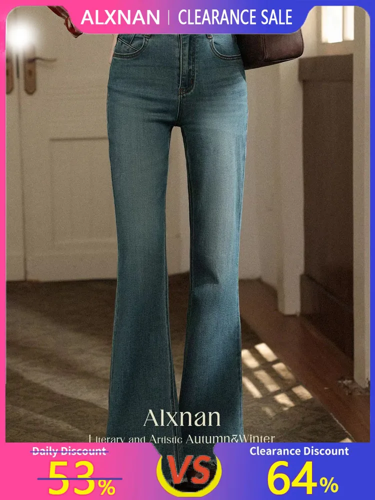 

ALXNAN Blue Vintage Flared Jeans Women 2025 Autumn High-waist Office Lady Cotton Jeans Casual Elegant Long Pants Female L56703