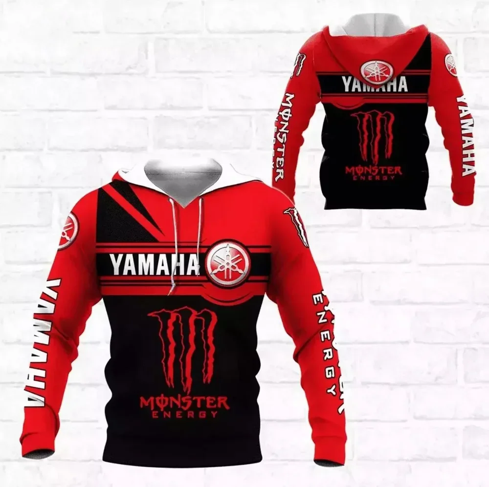 Kaos pullover berkerudung pria Yamaha dengan desain motor 3D, cocok untuk pakaian jalanan dan berkendara motor.
