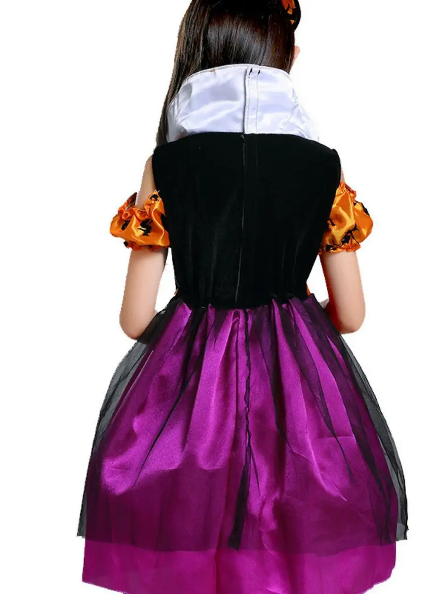 Fantasia de bruxa infantil loween, macacão de morcego eup par abóbora, roupas de performance de poliéster, fibra de acetato 00%