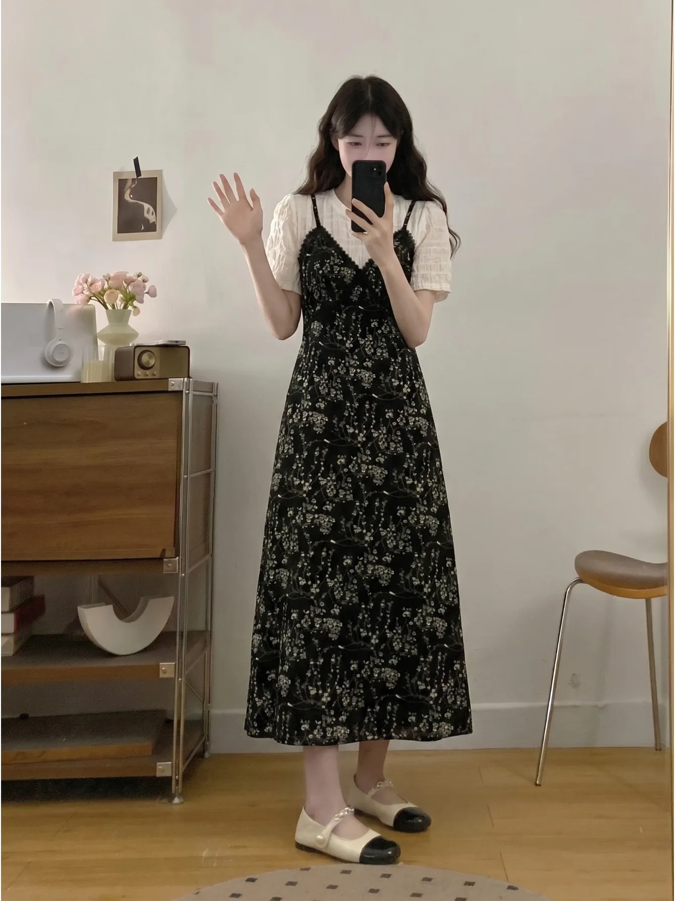

Summer Korean Style plus Size Loose Floral Print Patchwork Dress Conceal Flattering A-Line Midi Skirt Short Sleeve Women
