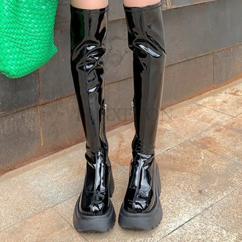 Punk Style Woman Knee- High Boots Zipper Fashion Patent Leather Long Booties Autumn Winter High Heel Ladies Shoes