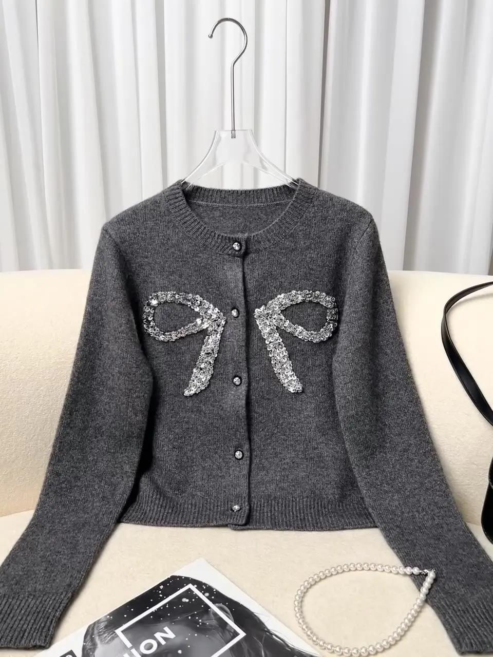 Autumn 2024 New Wool Cashmere Bow Sequin Beaded Slim-fit Crewneck Knitted Cardigan for Women