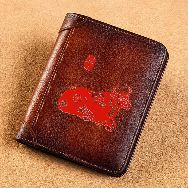 

High Quality Genuine Leather Men Wallets Chinese Zodiac Cattle Signs Short Card Holder Purse Trifold Men's Wallet BK3821