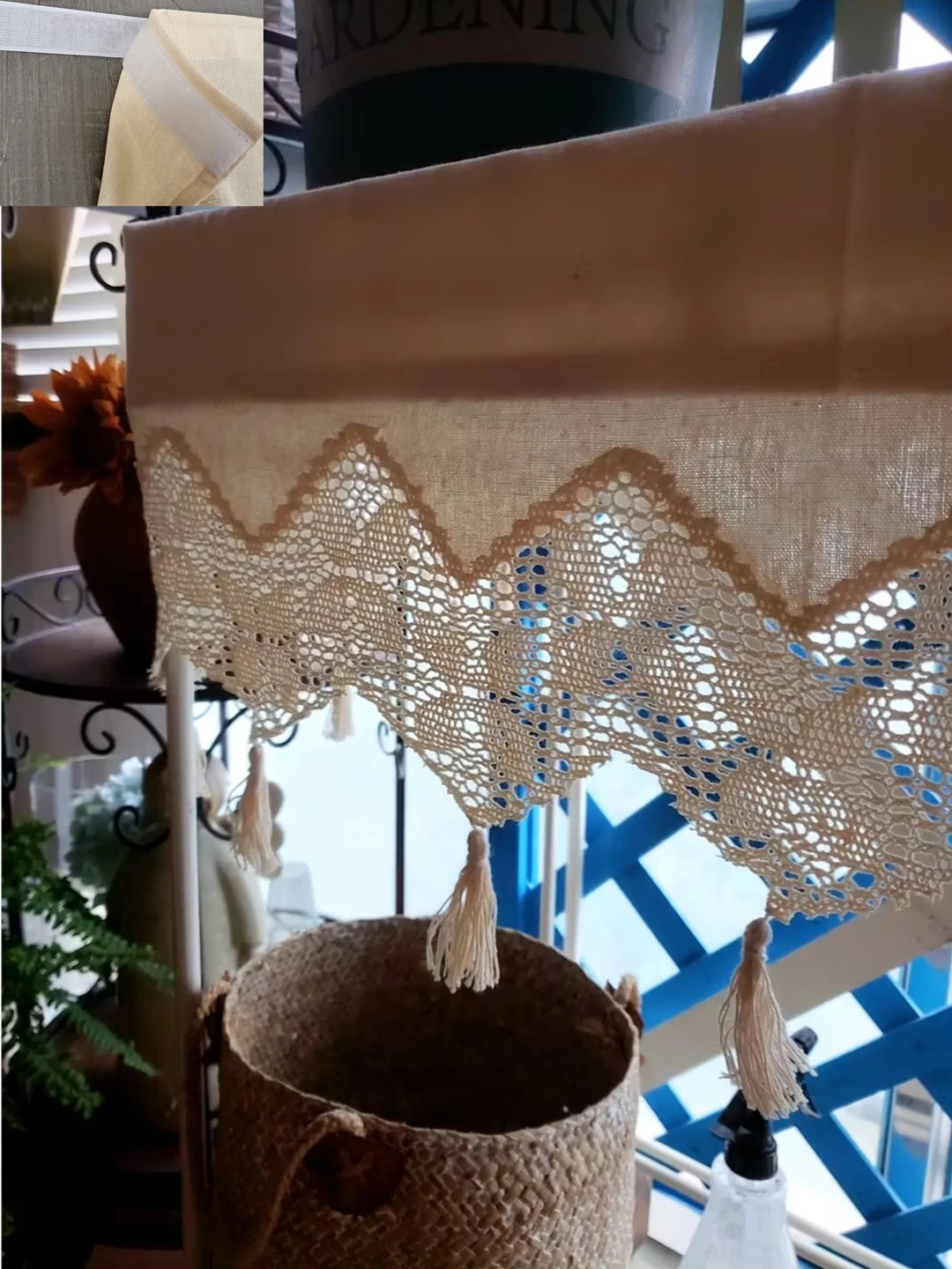 Beige cotton-linen patchwork lace small window short half curtains self-adhesive blocking curtains for Kitchen Cabinet Door