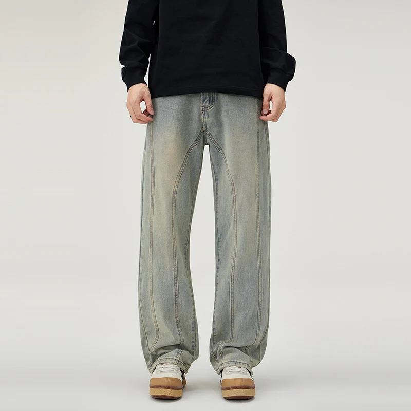 

Винтажные американские прямые джинсы, мужские чистые свободные джинсовые джинсы в стиле ретро, длинные брюки High Street Vibe, молодежный тренд, хлопок, полиэстер