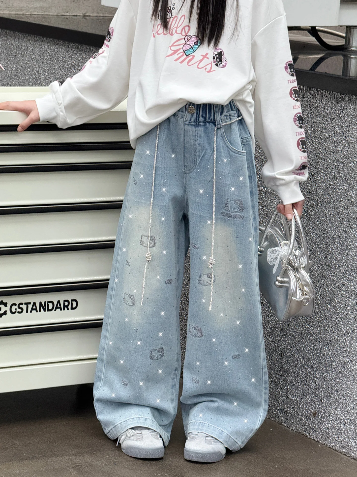 

Spring Faion Girls' Denim Jeans Glittering Rhinestones Wide Leg Pants Comfortable Breathable Loose Fit Elastic Waist for Ju...