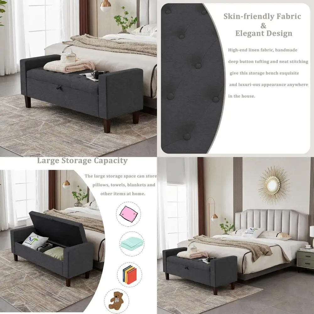 

Оттоманская скамейка для хранения с льняной обивкой и ножками из массива дерева для спальни, 55-дюймовая мебель на конце кровати с местом для хранения вещей