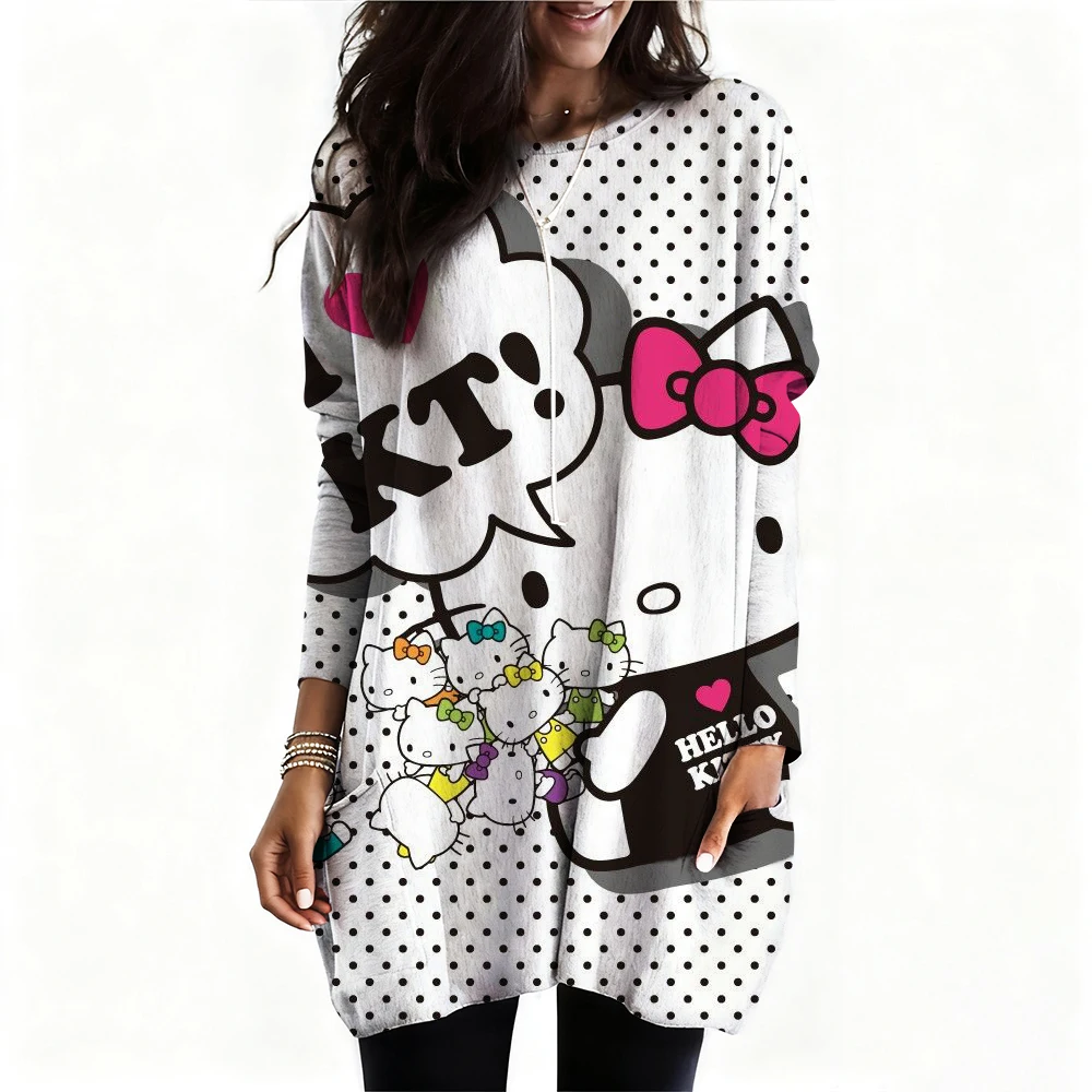 Girl Women's T-shirt Casual Kawaii Hello Kitty Cartoon Pattern Print Tshirt Comfortable Casual Women's Clothing Black Top