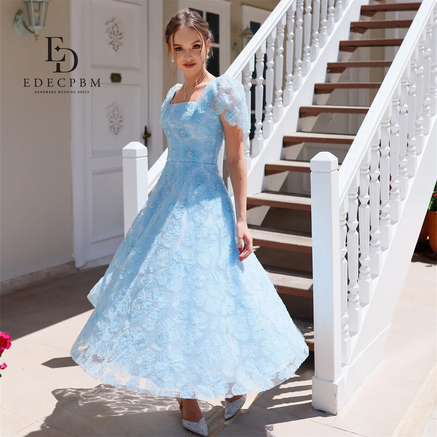 

EDECPBM Luxurious Women's Evening Dresses 2025 Designers Customized 3D Flowers فساتين سهرة Vestidos De Festa Light Blue Dress