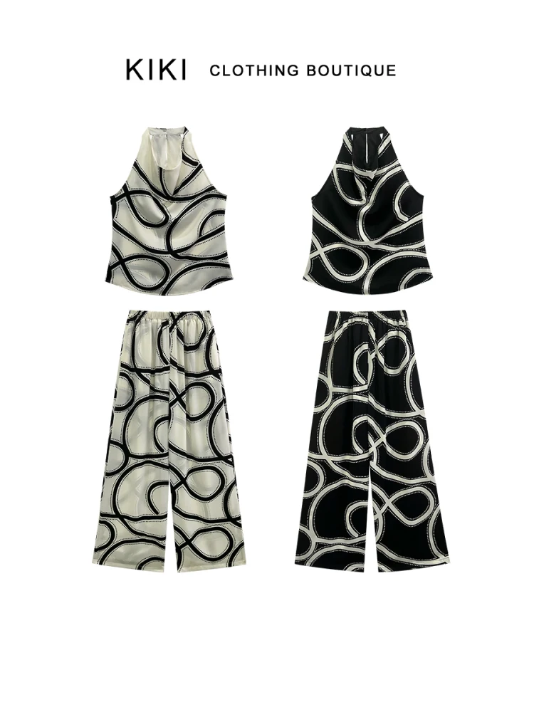 

Kiki Bellflower Premium Stripe Casual Wide Leg Pants Two Piece Set Women's Strap irt ort Sve round Ne Faion Set