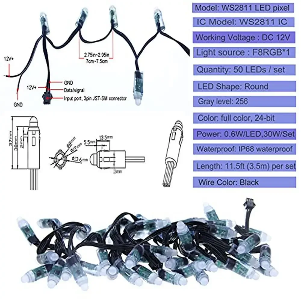 Ws2811 12mm rgb endereçável redondo led pixels módulo ip68 corda à prova dip68 água 500 pçs publicidade ao ar livre iluminação de enseada de natal