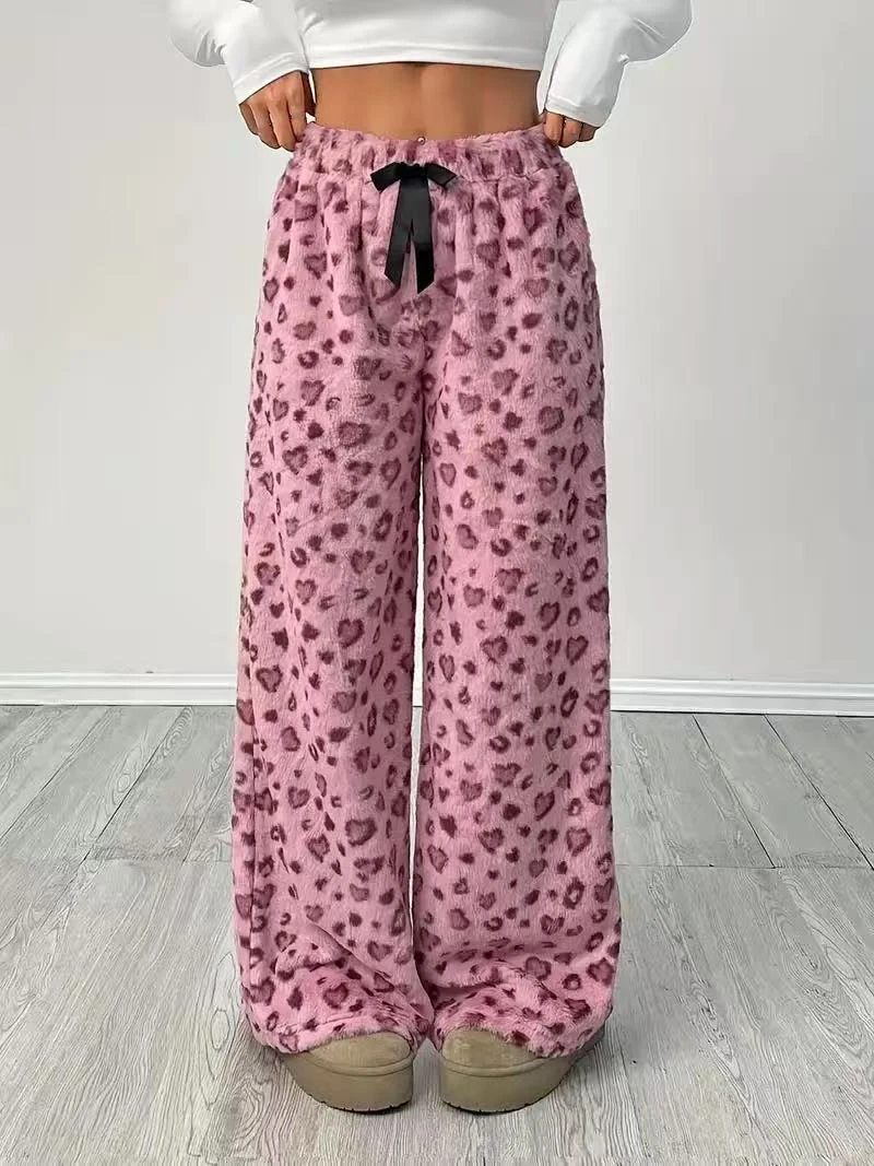Pantalones de felpa de pierna ancha con estampado de leopardo para mujer, pantalones largos sueltos y peludos de cintura alta